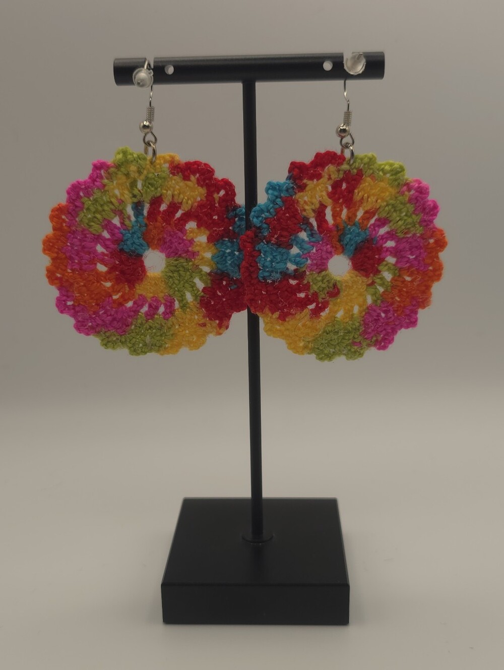 Hand Crafted Vibrant Multicolor Crochet Circle Earrings - Picture 3 of 3